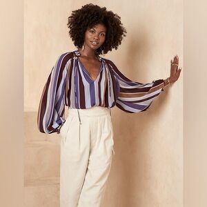 Banana Republic Balloon-Sleeve Striped Blouse - Purple,Blue and Brown